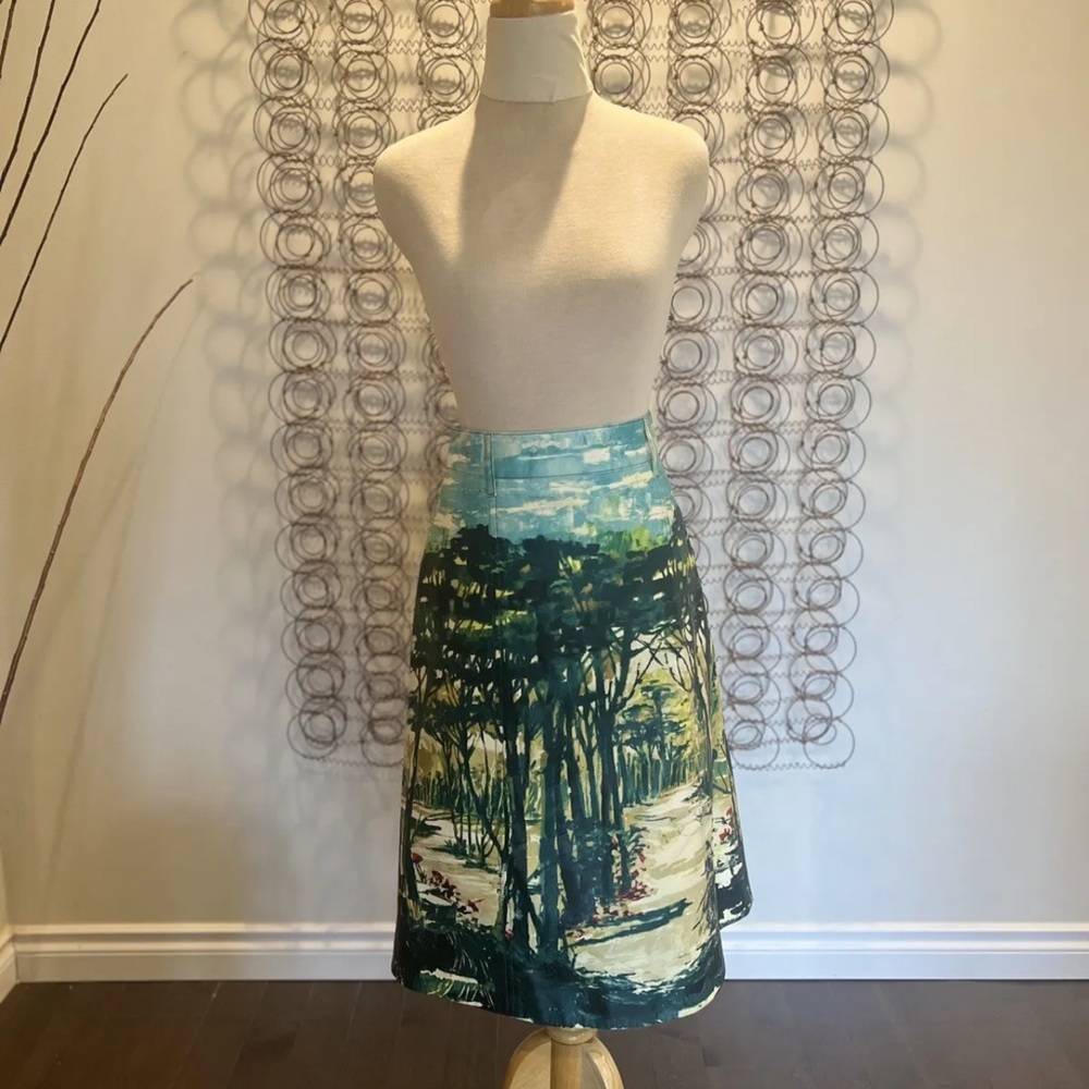 NWT Exquisite Women’s PRADA Woods Print Lamb’s Leather Skirt Green.